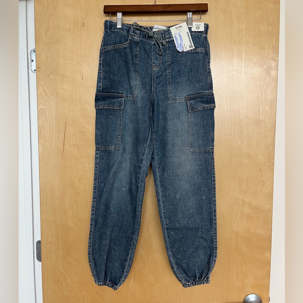 Brand new with tags blue denim cargo pants with elastic waistband and hem